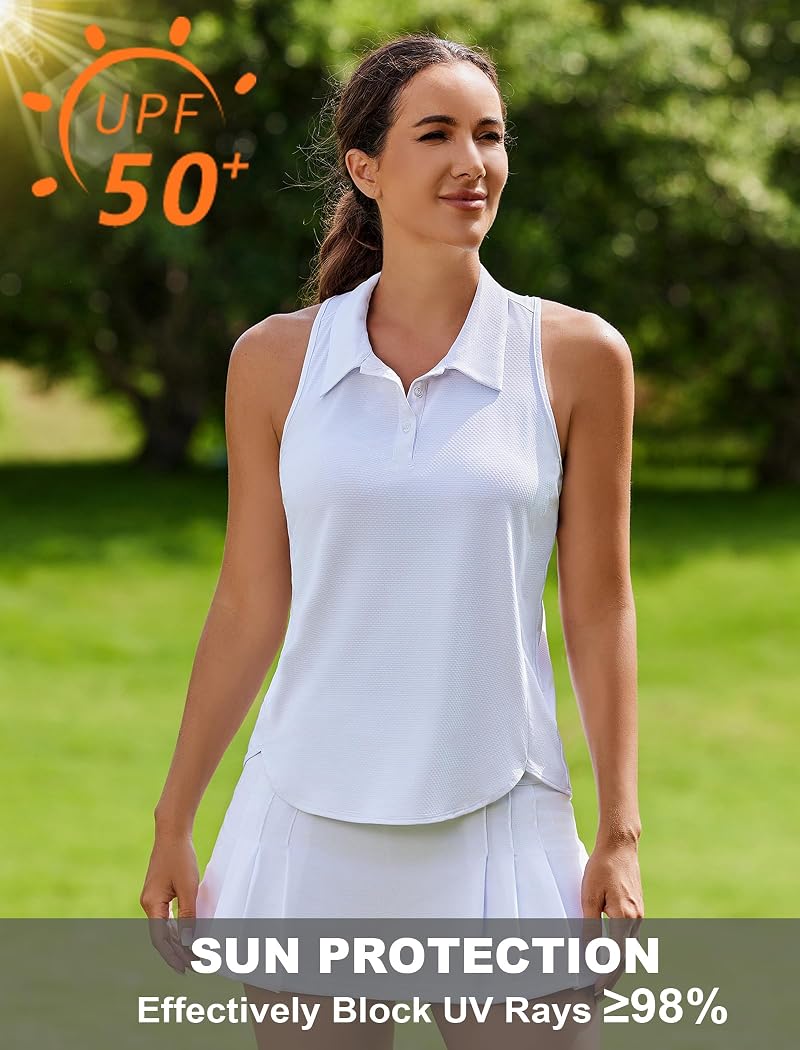 PINSPARK Women’s Golf Shirt Racerback UPF 50+ with Collar - White, Medium
