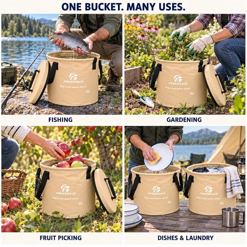 Freegrace 23L Collapsible Water Bucket with Lid – Khaki, With Lid, Portable Camping Wash Basin