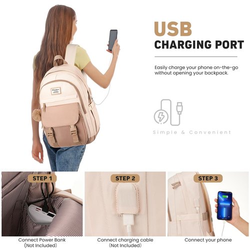WINDARS School Backpack for Teen Girls, Cute College Backpacks for Women Students Aesthetic Bookbag Large 15.6 Inch Laptop Bag Middle School Travel Back Pack (Khaki Beige)