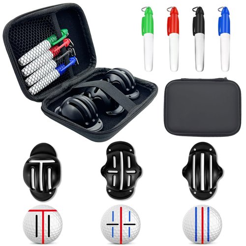 HIFQUI Golf Ball Marker Set with Carry Case, 3 Golf Ball Marking Stencils and 4 Colors Golf Ball Markers, Golf Ball Marker Liner Drawing Marker, Golf Ball Alignment Marking Tool