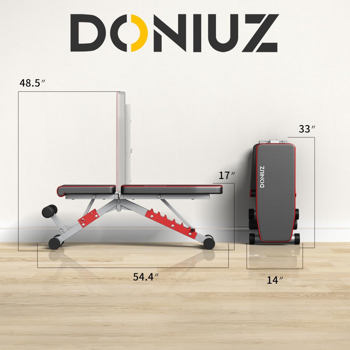 DONIUZ Weight Bench, Adjustable Workout Bench Press Set for Home Gym Strength Training, Easy Assembly Foldable Training Lifting Bench for Small Space Apartment Room, Max Load 750(RedBlack)
