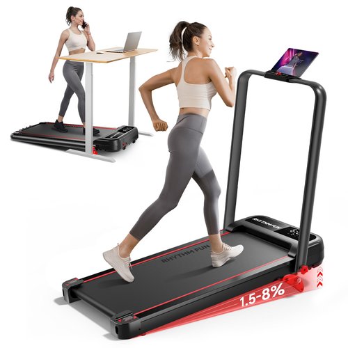 RHYTHM FUN Incline Foldable Treadmill, Walking Pad Treadmill with Incline, 300 lbs Portable Treadmills with Handles for Home Office Use, Under Desk Compact Walking pad with LED Display & APP