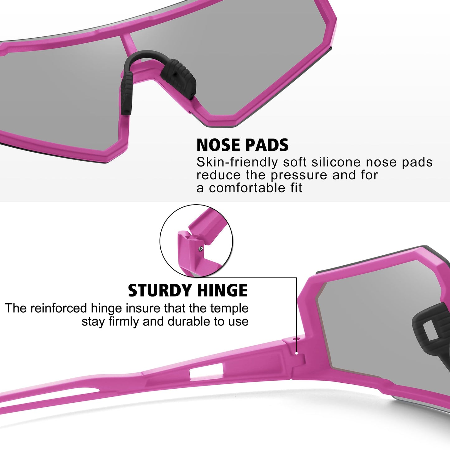 STORYCOAST Polarized Sports Sunglasses for Men Women,Driving Fishing Cycling Mountain Bike Sunglasses UV400 Protection Pink Frame-photochromic Lens