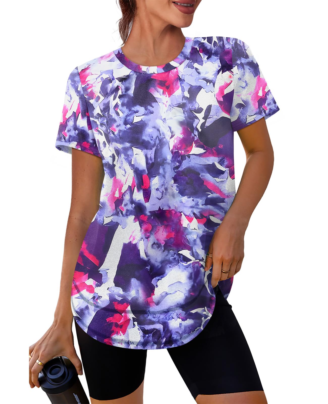 Short Sleeve Shirts for Women Workout Yoga Tops Sun Protection Clothing Summer Outfits Rash Guard Side Slit Blue XL