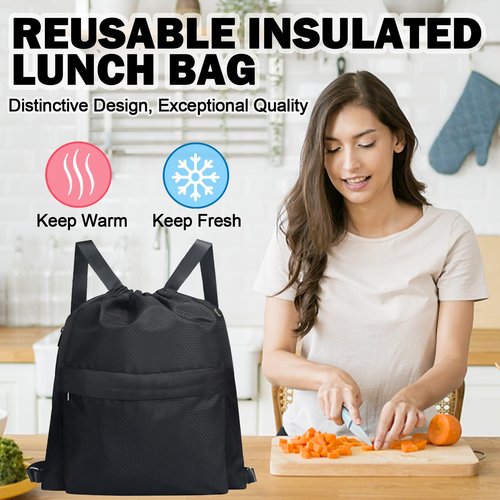 Moyad Camping Cooler Backpack Insulated Lunch Bag with Drawstring Closure for Women Men, Lightweight Lunchbox for Beach Travel Hiking Work, Black & Honeycomb Pattern