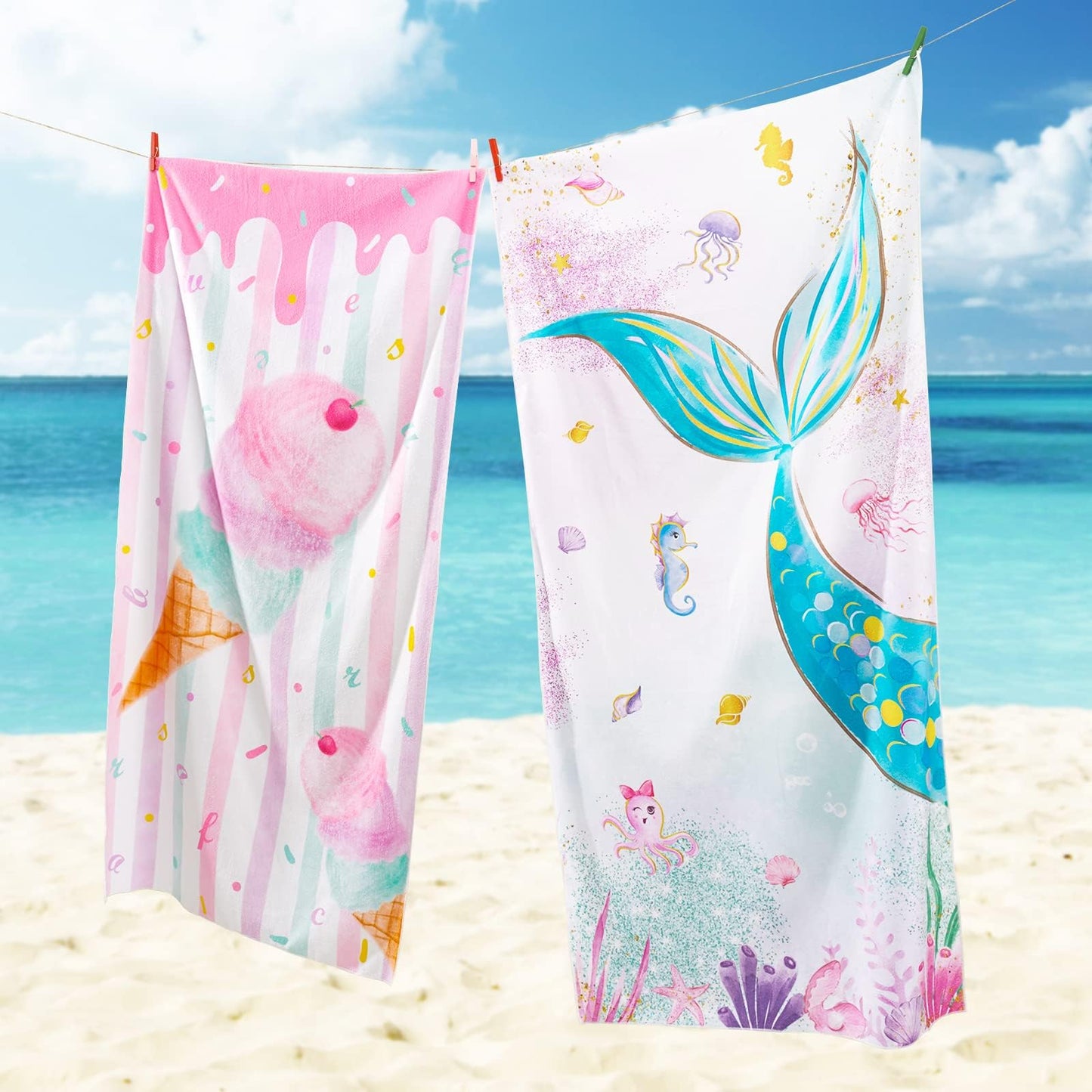 WERNNSAI Mermaid Kids Beach Towel - 30” x 60” Microfiber Mermaid Sand Free Towels for Girls Bath Pool Camping Travel Towel Quick Dry Ultra Absorbent Super Soft Beach Blanket Bath Shower Towel