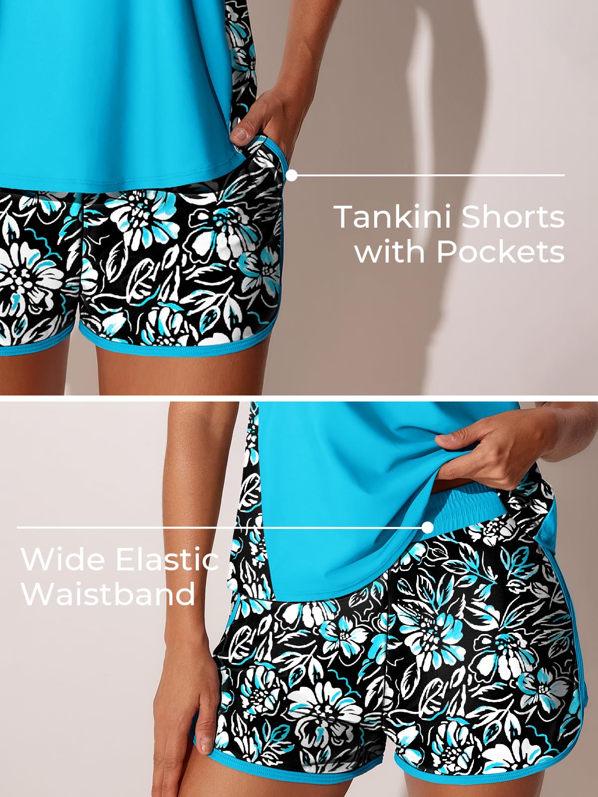 Summer Mae Plus Size Tankini Swimsuits for Women 2026 Tummy Control Two Piece Bathing Suits with Pockets Swim Shorts Black Floral Sketch Size 20 Plus