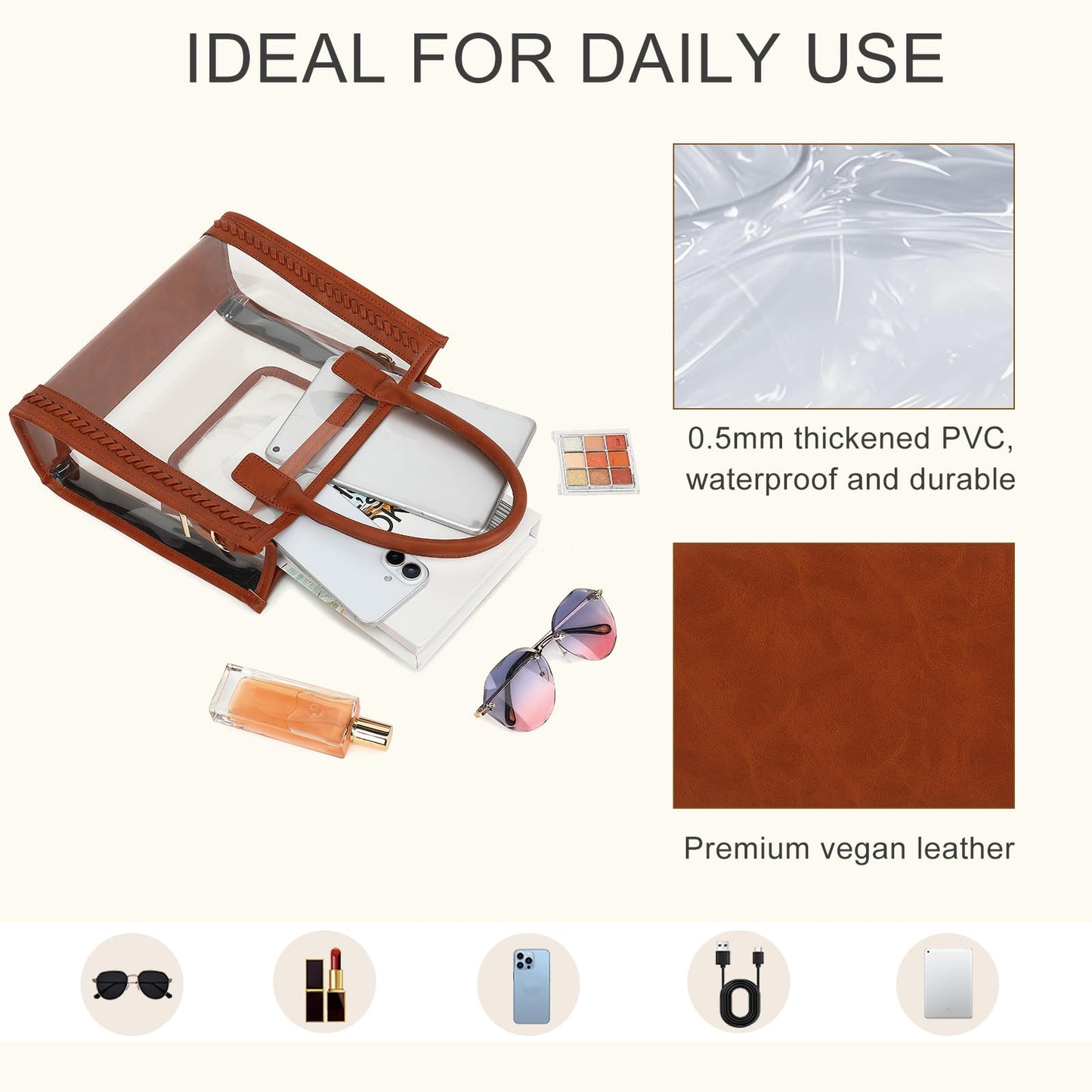 FAIME Clear Tote Bag Stadium Approved, Clear Crossbody Purse Transparent Woven Handbag for Concert, Beach & Stadium event (Brown)