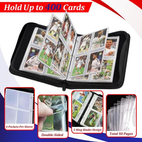 Trading Card Binder 4-Pocket, 400 Top-Loading Slots Collectible Trading Card Album with 50 Removable Double-Sided Pages for MTG, TCG Game Cards and Sports Cards Storage - Black
