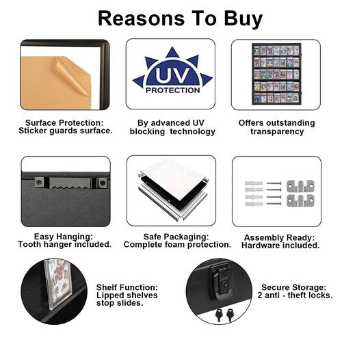 Nixvexy 35 Graded Card Display Case - Wall-Mount Baseball Card Display Case - Lockable Box with UV Protection Acrylic for Display Basketball Hockey Football Card - Black