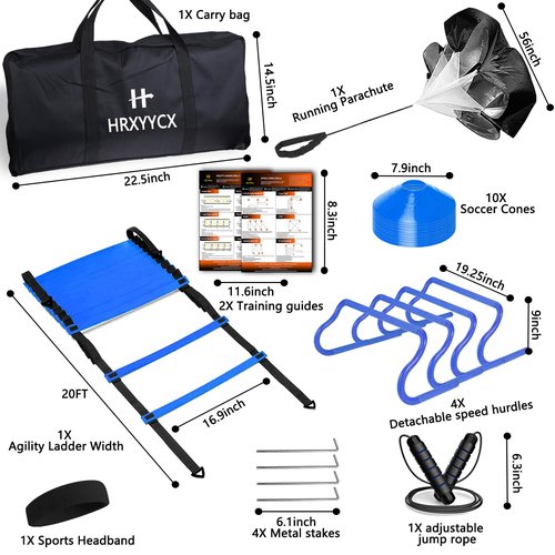 HRXYYCX Agility Ladder Speed Training Equipment Set-20ft Agility Ladder 4 Adjustable Hurdles Running Parachute Jump Rope Speed Training Equipment for Soccer Football Basketball