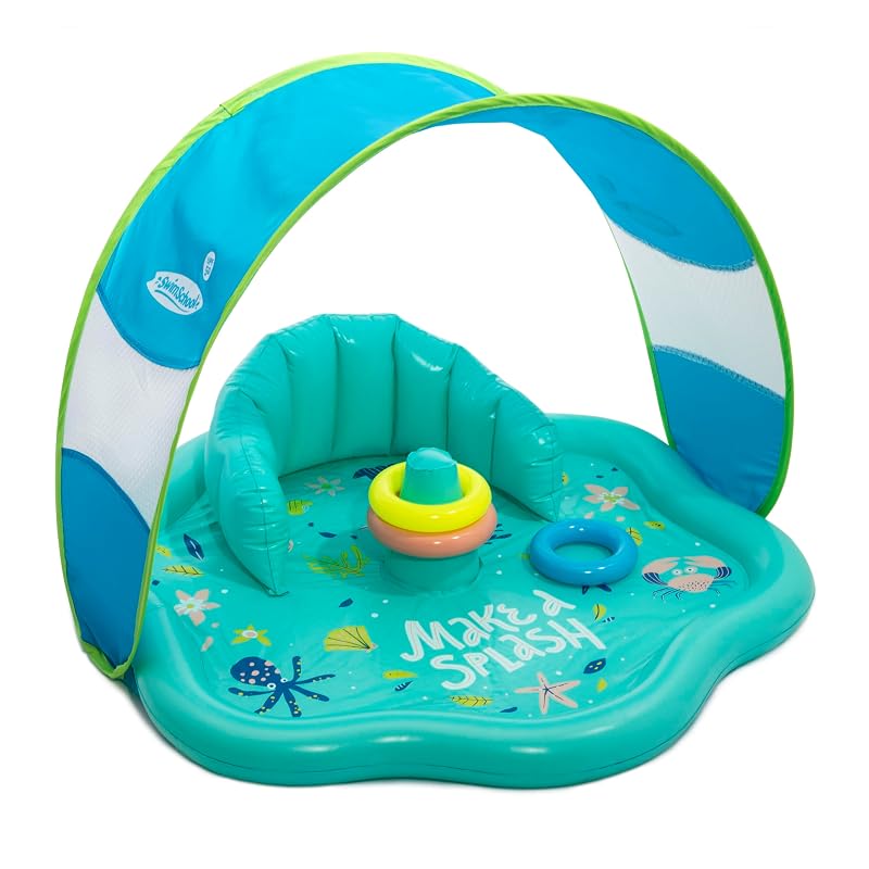 SwimSchool 28" Infant Pool Float with Canopy & Seat – Blue Splash Mat