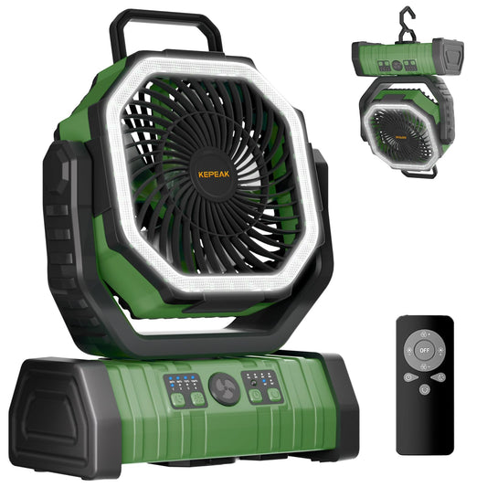 KEPEAK Rechargeable Camping Fan with LED Light, 20000Ah Battery Operated Powered Fan, 72H Runtime, Remote Control, 5.3m Airflow, Ultra-Quiet Portable Fan for Tents, Outdoor, Camping(Green)