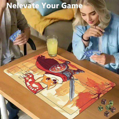 for MTG Playmat with Zones, for TCG Playmat and Board Game Mat with Storage Bag and 6 Dice, 24x14in Non-Slip for MTG Mat, Cute Corgi Warrior Pattern Magic Trading Card Mat Mousepad