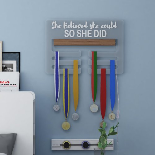 Ammonite She Believed she Could SO SHE DID Light up Medal Hanger Display, Holder Rack for Awards or Ribbons, Sports Themed Ribbon Holder for Wall
