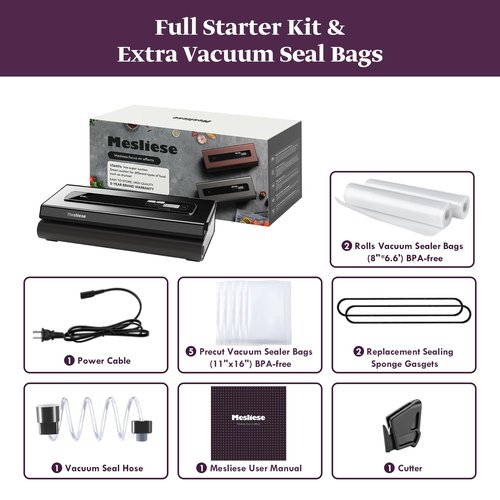 Mesliese Vacuum Sealer Machine 90Kpa 6-in-1 Compact Food Vacuum Sealing Preservation System with Cutter | 2 Bag Rolls | 5 Pre-cut Bags | Dry&Moist Modes | ETL Listed (Gray)