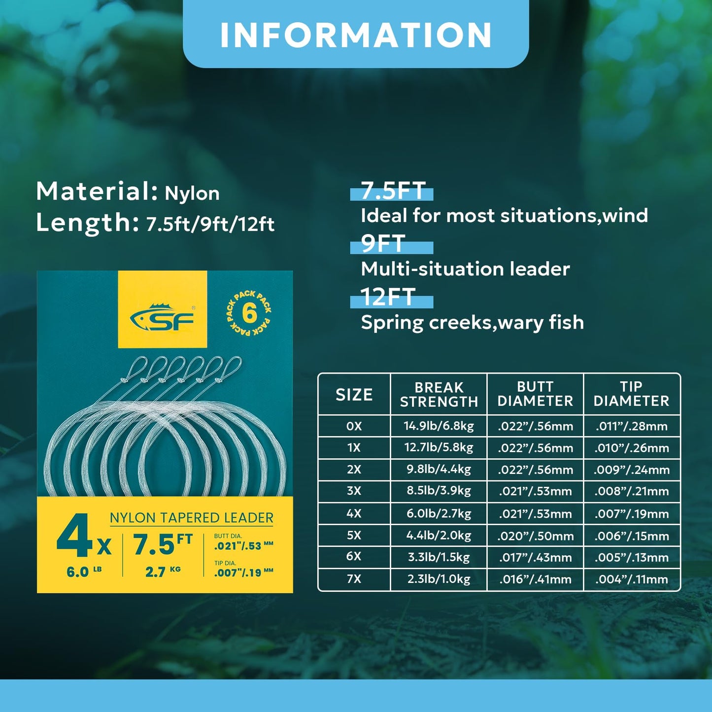 SF Pre-Tied Loop for Fly Fishing Tapered Leader Nylon (6 Packs) 7.5ft 4X