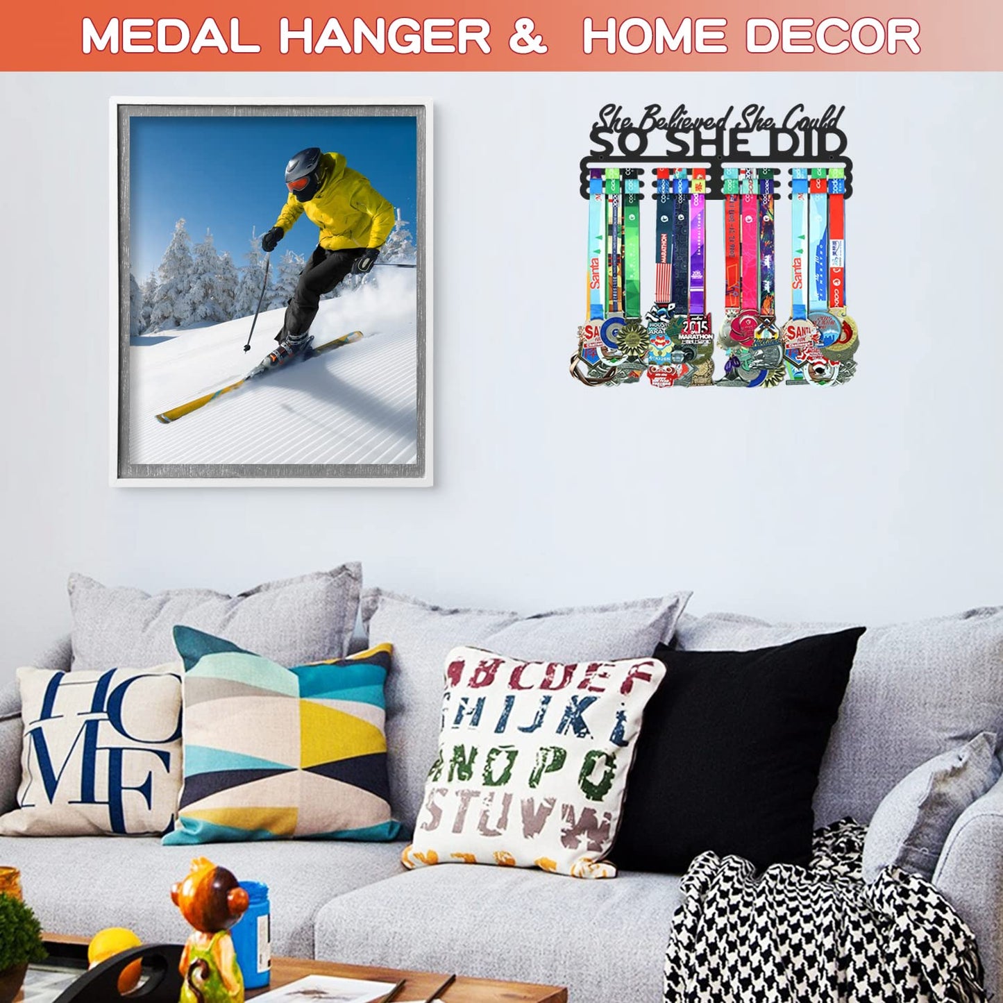 Medal Holder Display Hanger Rack Storage Steel Wall Mounted Fame Black Metal Sports Marathon Running Soccer Gymnastics Large-capacity Over 60 Medals Sturdy Wall Decor Motivational Slogan Race Medals