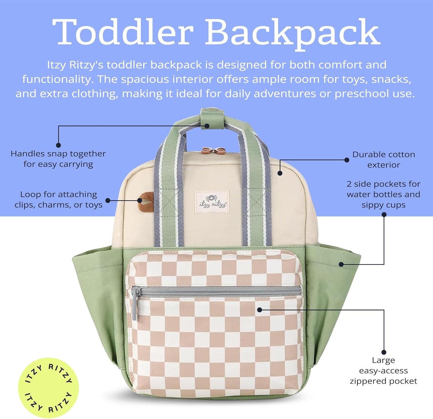 Itzy Ritzy Toddler Backpack - Daycare Bag - Features Adjustable Shoulder Straps, 2 Side Pockets & Spacious Interior with Wipeable Fabric Lining & Name Label, Strawberry Backpack