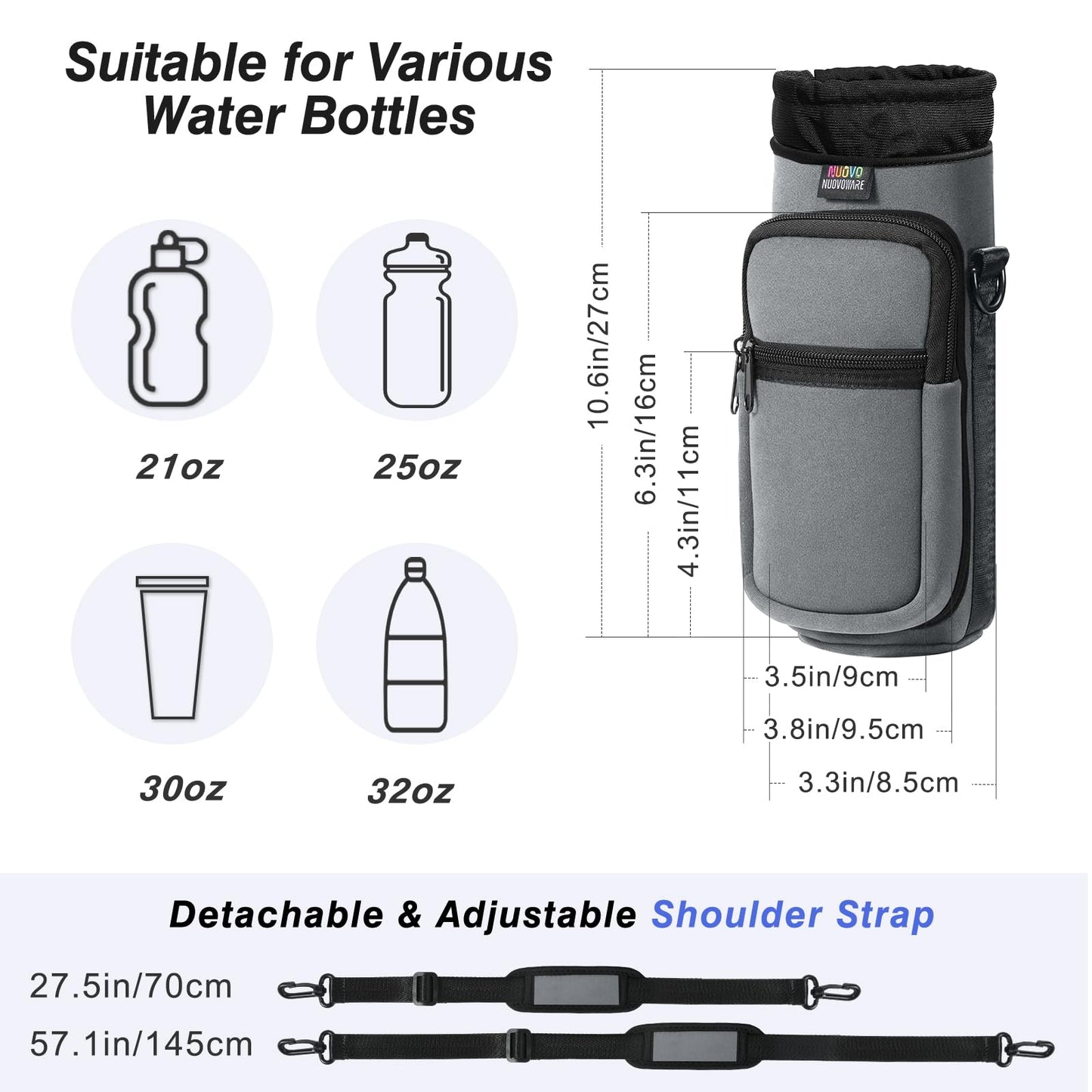Nuovoware Magnetic Gym Bag, 25oz/32oz Water Bottle Carrier Holder, Adjustable Shoulder Strap 2 Pocket Sports Sling Neoprene Sleeve for Hiking Travelling Camping, Grey