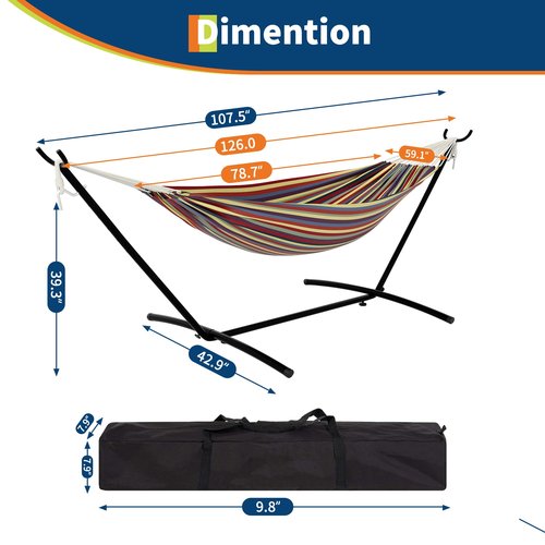 Hammock with Stand – Heavys Duty 500 LBS Capacity, Portable Hammock Set for Outdoors, Indoors, Patio, Garden, and Camping – Includes Carrying Bag and Adjustable Steel Frame(Rainbow Stripes)