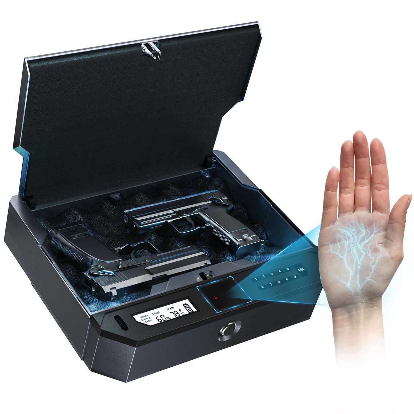XEGIS SAFE Biometric Gun Safe Contactless Palm Vein, Raise Palm to Open in 0.1s, 3-Way Unlock Keypad/Key Pistol Safe, Works with Any Hand & in Darkness Handgun Safe for Nightstand, Car & Home