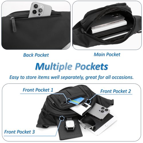 FYRLFB Large Fanny Pack for Men and Women, Crossbody Waist Bag with 4 Zipper Pockets Easy Carry Any Phone, Fashion Waist Packs with Adjustable Strap for Travelling, Hiking, Cycling, Running - Black