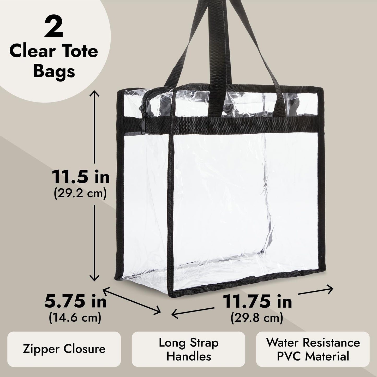 Juvale Clear PVC Tote Bag - Stadium Approved Clear Concert Bag - Women’s See-Through Purse & Lunch Tote for Work - Waterproof Tear-Resistant Zippered Transparent Pouch - Pack of 2, 12 x 6 x 12 in