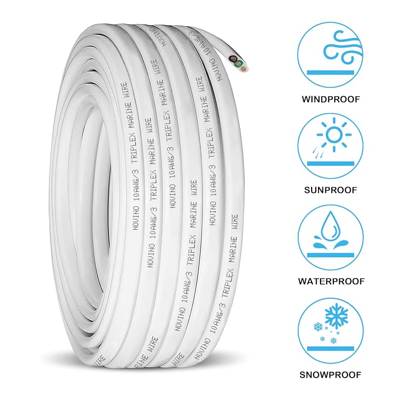 10/3 Marine Grade Wire - 10 AWG Triplex, 20 ft, Tinned Copper, PVC Jacket (Variation: 20 ft+10 gauge)