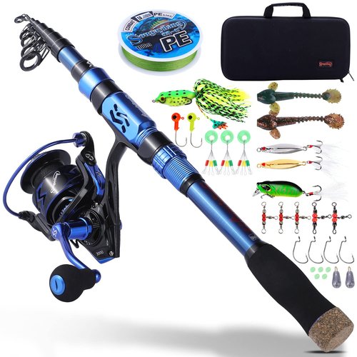 Sougayilang Fishing Rod and Reel Combos - Carbon Fiber Telescopic Fishing Pole - Spinning Reel 12 +1 BB with Carrying Case for Saltwater and Freshwater Fishing Gear Kit(Blue 5.91ft-2000)