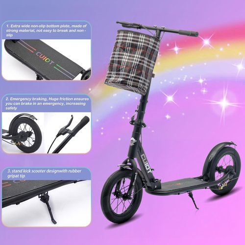 ZQHQKJ Adult Scooter for XXL Big Wheels, Folding Commuter Kick Scooter for Adults & Teens, Adjustable Heigh, Lightweight Sports Commuter Scooter for Kids Tenns Adults, 4 Adjustable Levels.,Black