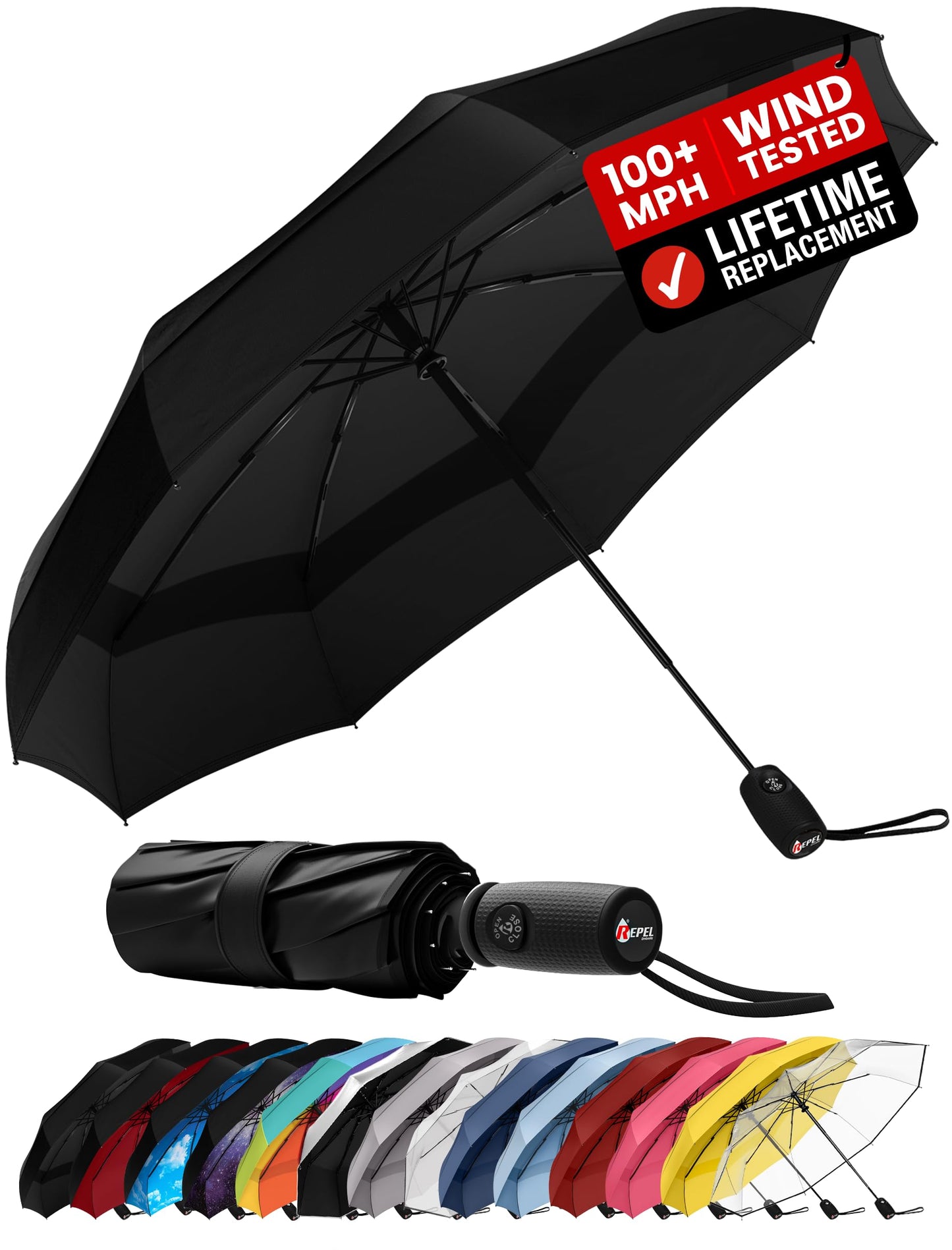 Repel Windproof Travel Umbrella - Compact & Withstands Winds up to 100MPH, Strongest Premium Auto Folding Umbrella for Rain and Sun - Durable, Light & Portable for Women & Men, Fits Backpack & Cars