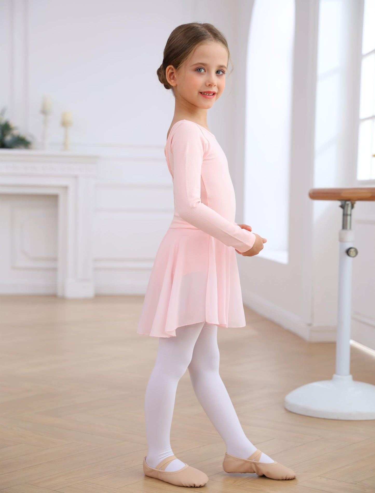 MdnMd Long Sleeve Toddler Ballet Leotards for Girls Dance Leotard Skirted Gymnastics Ballerina Dress AM300 (Ballet Pink, 2-4 Years)