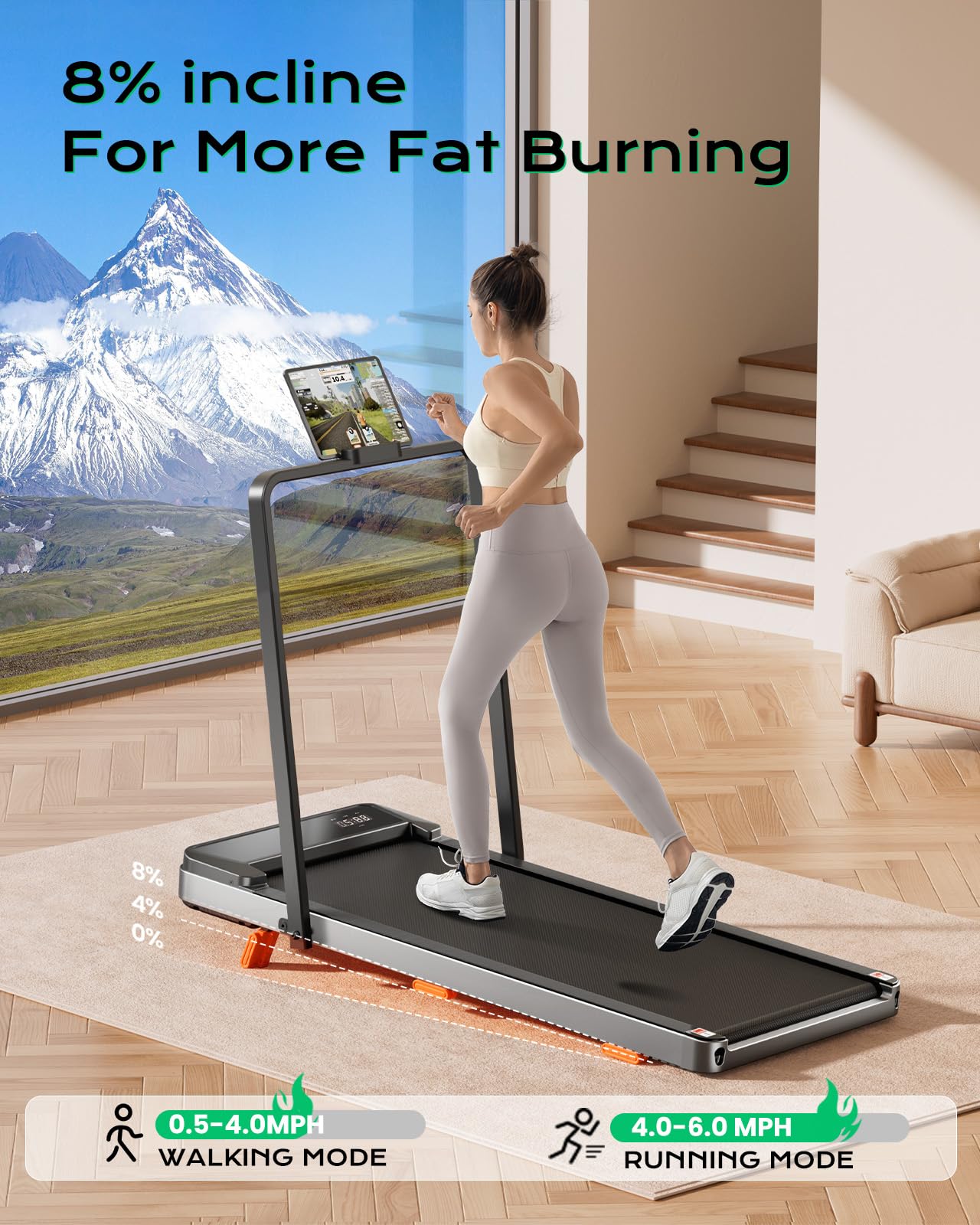 TREAFLOW Walking Pad with Incline, Foldable Treadmill with Handrail for Home Office, Portable Walking Machine, Low Noise, LED Display, 6.2 MPH