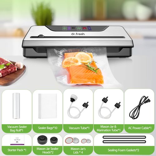 Vacuum Sealer for Food, 10-in-1 Food Vacuum Sealer Machine for Freshness Storage, 90kpa Powerful Food Sealer with External Sliding Blade, Digital Timer, 1 Bag Rolls & 10 Pre-cut Bags, Accessory Hose