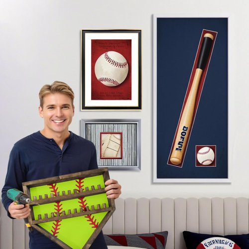 Baseball Championship Ring Display Case, Softball Football Basketball Ring Holder Wood, 24 Ring Posts, Sports Medal Wall Mount Display Box for Men Boy (Bright Green)