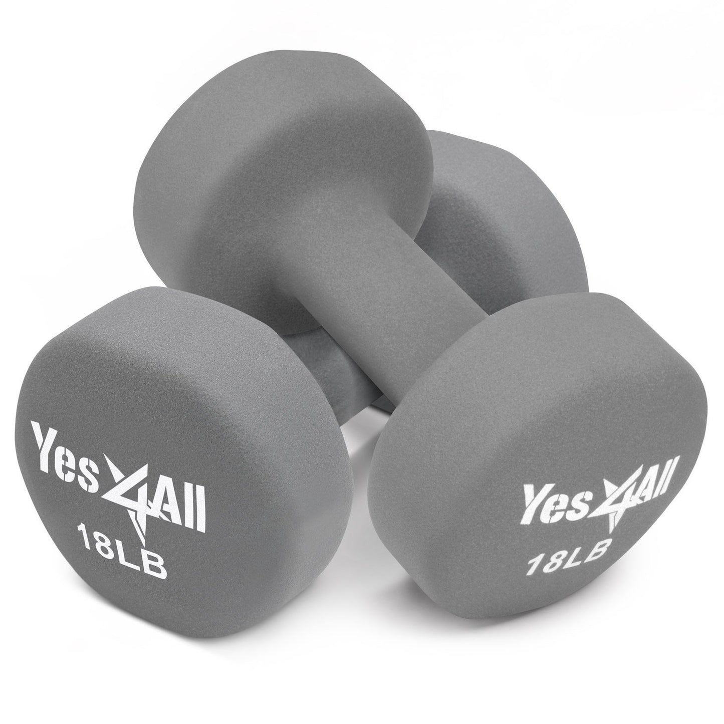 Yes4All Neoprene Coated Dumbbell Hand Weight Sets of 2 - Multiple Weight Options with 15 Colors, Anti-roll, Anti-Slip, Hexagon Shape, Grey, 18 lb Pair