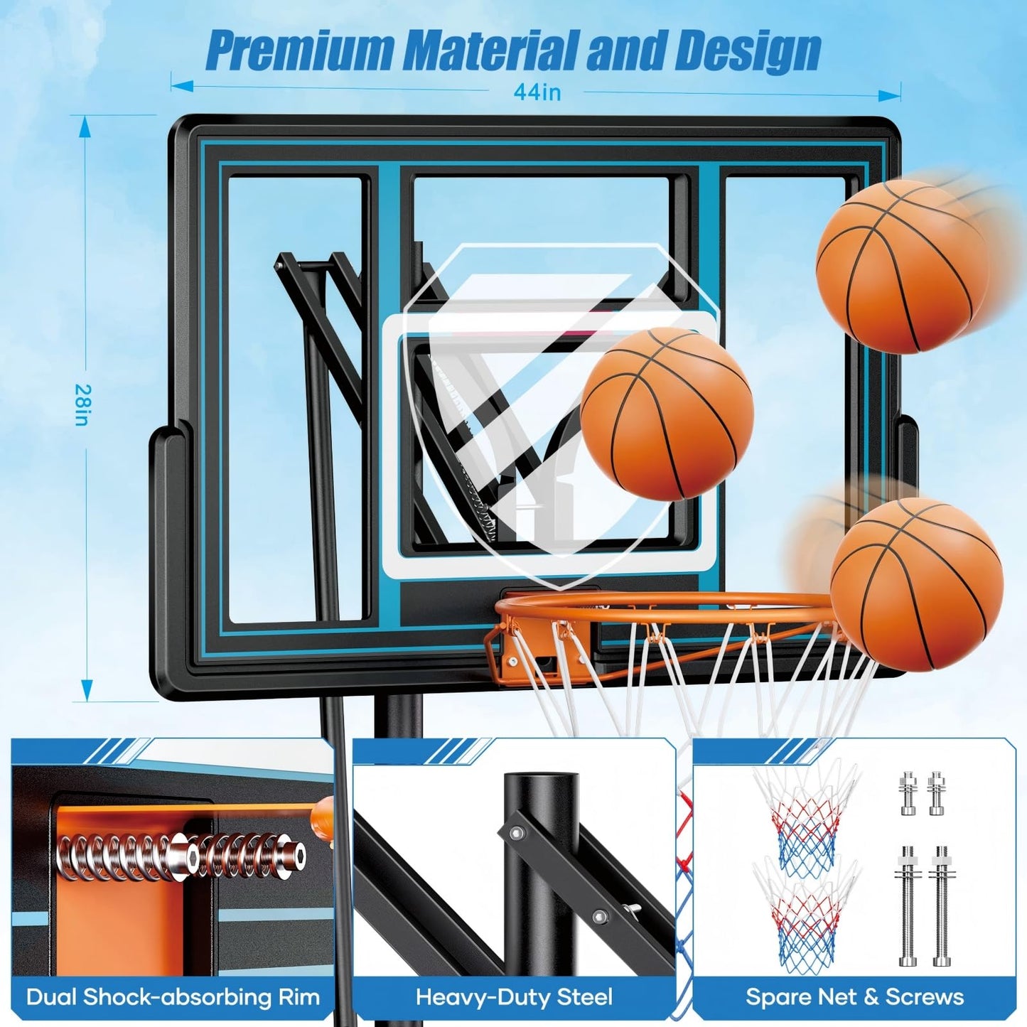 Asbest 44" Portable Basketball Hoop Outdoor | 5.5-10ft Stepless Adjustable Height Basketball Goal System for Driveway, Backyard, for All Ages (Blue, 10FT)