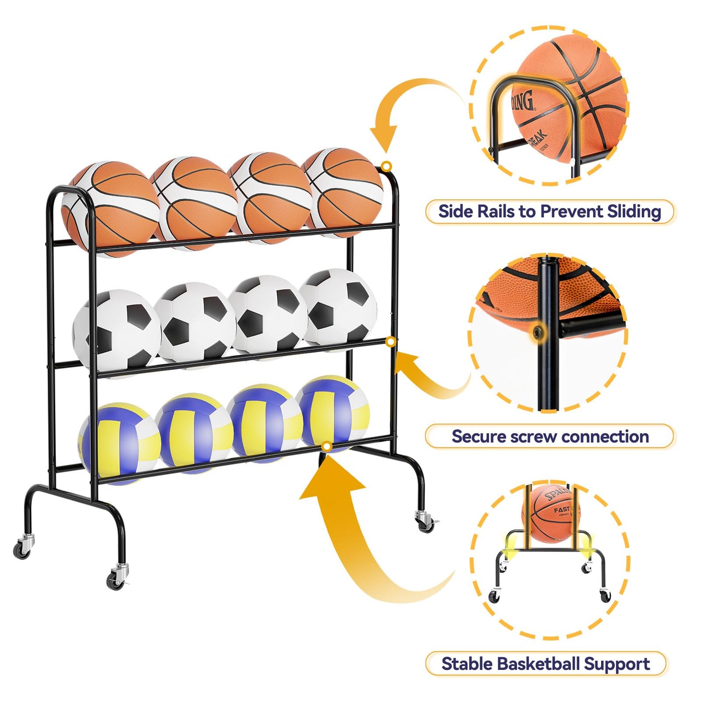 MWQ Basketball Rack 3 Tier, Rolling Sport Equipment Holder Ball Storage Cart for Basketball, Football and Soccer, Suitable for Indoor and Outdoor, Black