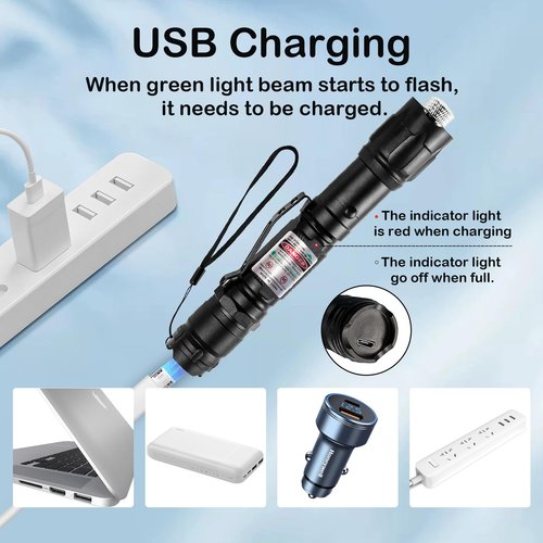 LETEAPII Green Light Flashlight Rechargeable, Long Range Adjustable Focus Tactical Beam for Outdoor Journeys, Camping, Presentations, TV/LED/LCD Screens, and Stargazing