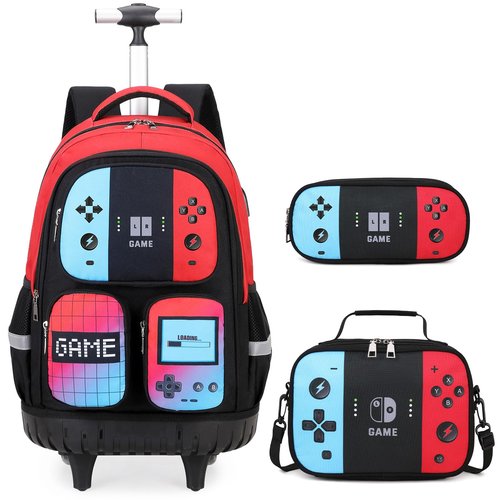 Jafeton Rolling Backpack for Boys, 3 PCS Gamer Boy Backpack Set with Lunch Box & Pencil Pouch, Roller Wheels School bag for Boys Kids Teens, Elementary Middle School, Kids Bookbag Casual Daypack