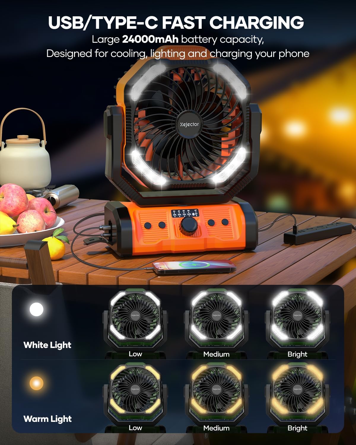 kejector Battery Powered Fan Rechargeable - 24000mAh 3-in-1 Portable Camping Fan with LED Lights, USB C, Auto Oscillating Operated Fan for Tents, Travel, BBQ, Fishing, Home, Office, Camper Essentials