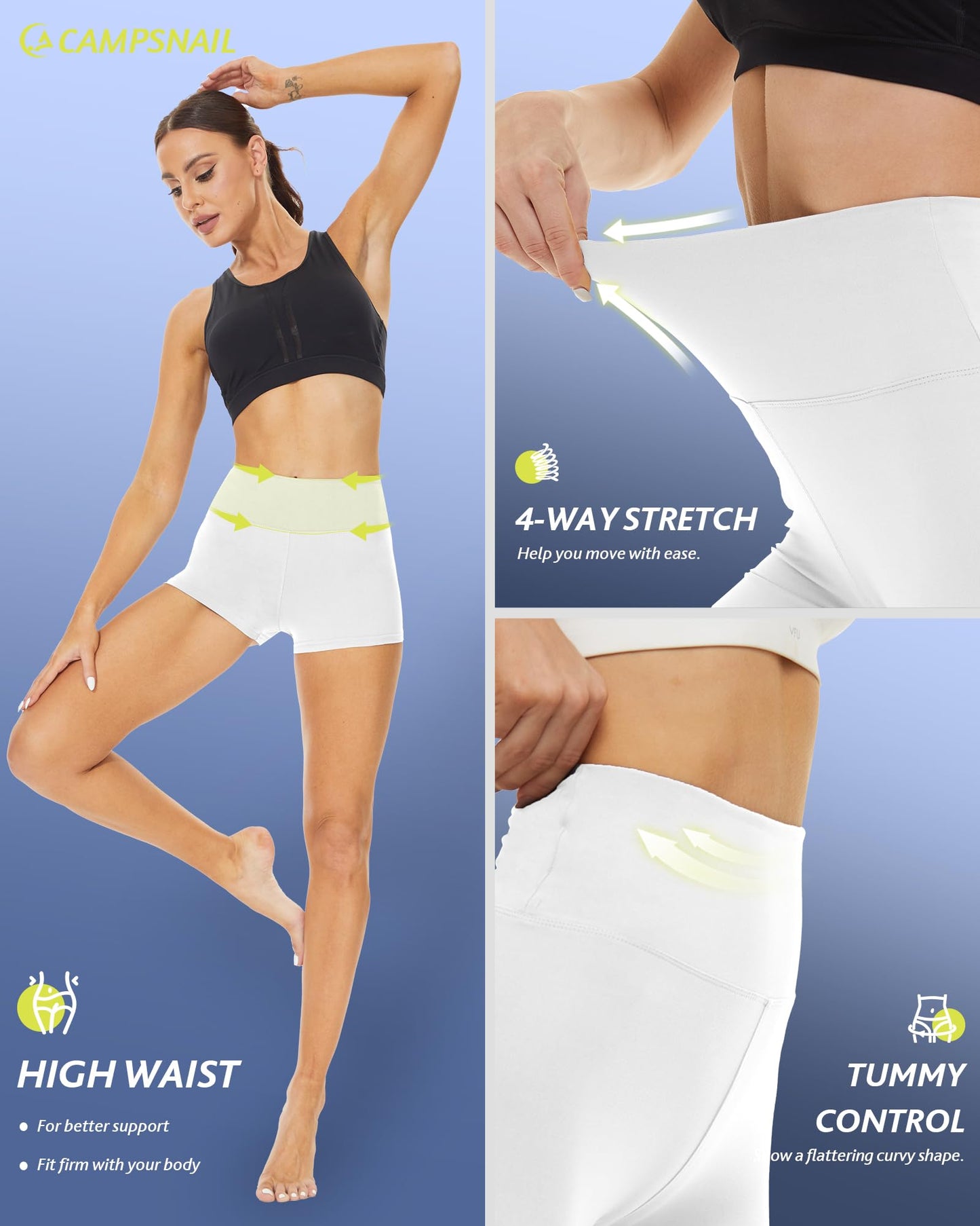 CAMPSNAIL White Workout Biker Shorts Women - 3"/5"/8" High Waisted Tummy Control Spandex Booty Volleyball Shorts for Yoga Dance X-Small 3IN
