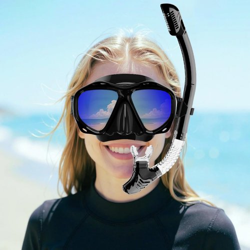 MELUMILU Snorkeling Gear for Adults, Dry Snorkel Set Blue Electroplated 180° Panoramic Wide View Anti-Fog Scuba Diving Mask, Professional Snorkel Gear for Swimming, Diving (Black)