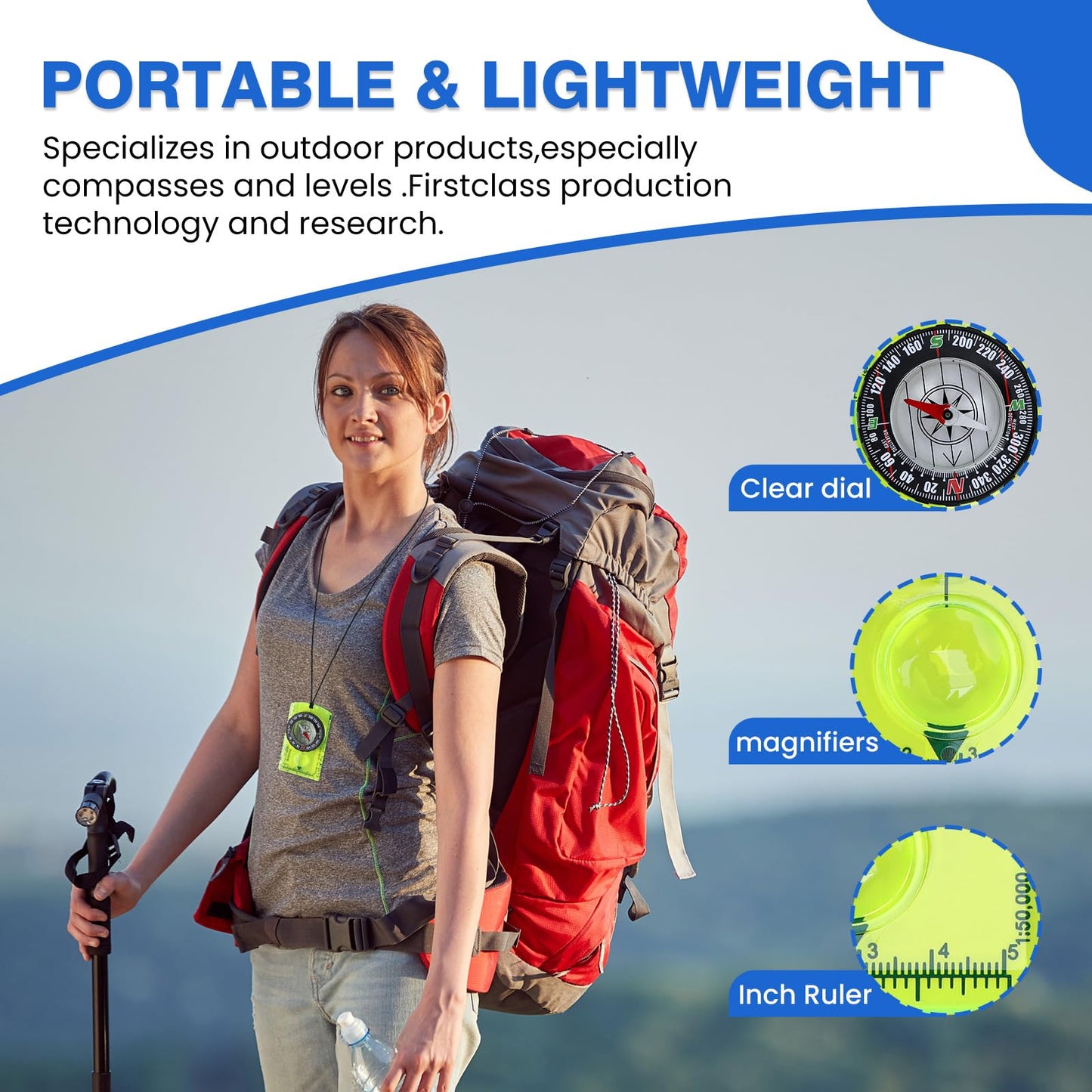 Outdoor Compass with Adjustable Declination, Magnifier, Ruler, Scale, Multifunctional Kids Waterproof Compass for Map Reading, Hiking, Camping, Navigation and Survival.