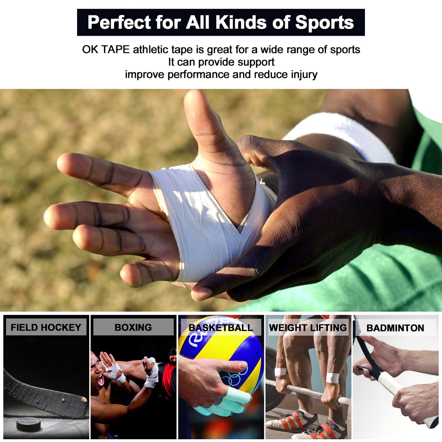 OK TAPE Athletic Sports Tape（4 Packs) - 45ft Per Roll Very Strong Tape for Athlete & Sport Trainers & First Aid Injury Wrap, Perfect for Fingers Ankles Wrist on Bat, Hockey Stick - White