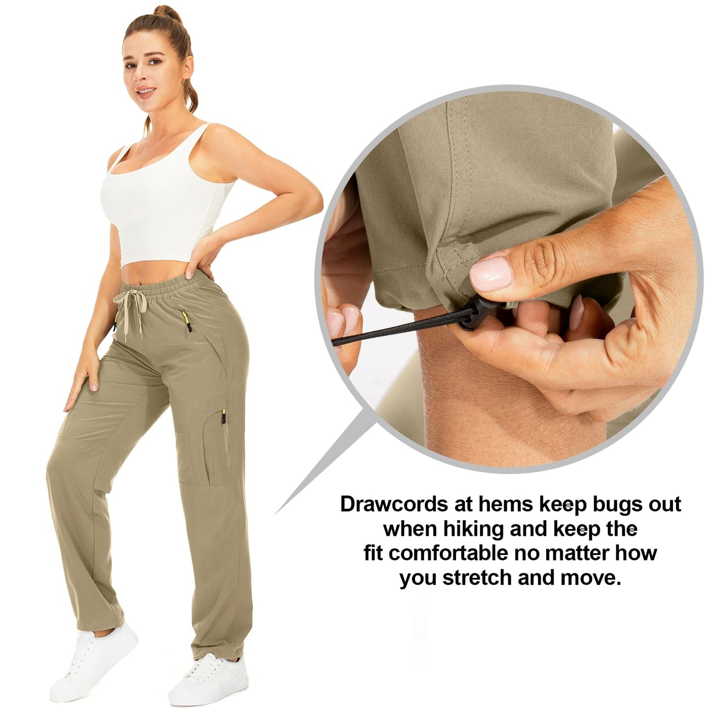 Womens Hiking Pants Sun Protection Quick Dry UPF 50 Lightweight Travel Golf Cargo Safari Pants Zipper Pockets,6608,Khaki,Tall XL