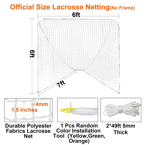 4mm Heavy Duty 6’X6’X7’Lacrosse Replacement Net with 1x Installation Tool and 2x49ft Lacrosse Goal Net Lacing Rope Lacrosse Net for Practice or Competition of Backyard, Playground