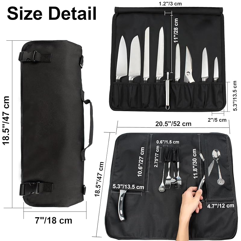 Large Capacity Knife Roll Bag with Handle & Shoulder Strap – 15 Slots Chef Knife Case
