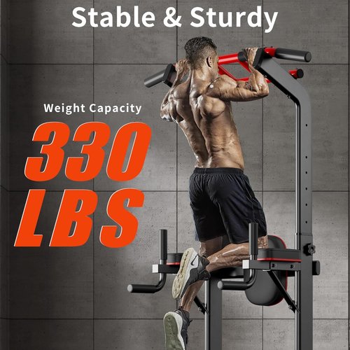 SogesHome Multifunctional Dip Stand Station, Heavy Duty Adjustable Pull Up Bar & Push Up Handles for Home Gym, 330LB Capacity Strength Training Fitness Equipment for Arms, Core, Whole Body, Black/Red